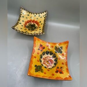 Hand painted Italy Pottery Candle Holder Trinket Dish Floral Ceramics Set Of 2